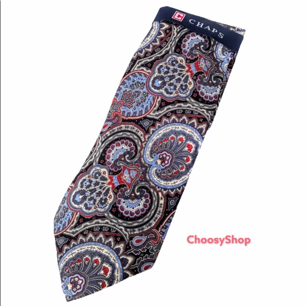 Silk Tie NWT CHAPS by Ralph Lauren Paisley Blue Maroon Gray Cream Silk Tie